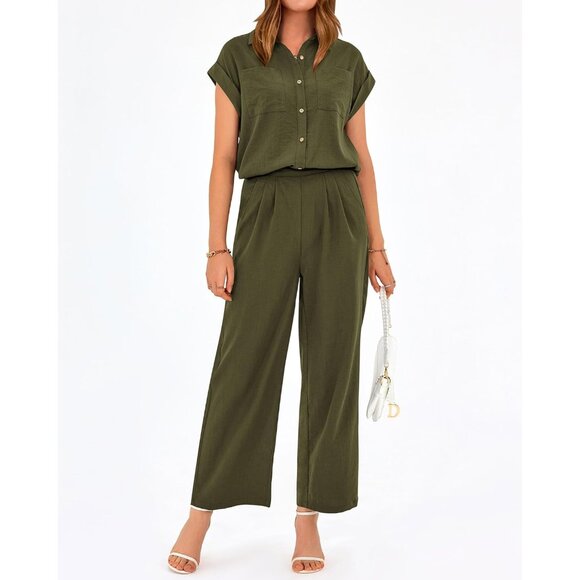 Women's 2 Piece Summer Set Polyester Cap Sleeve Top Palazzo Pants Casual - Picture 5 of 6